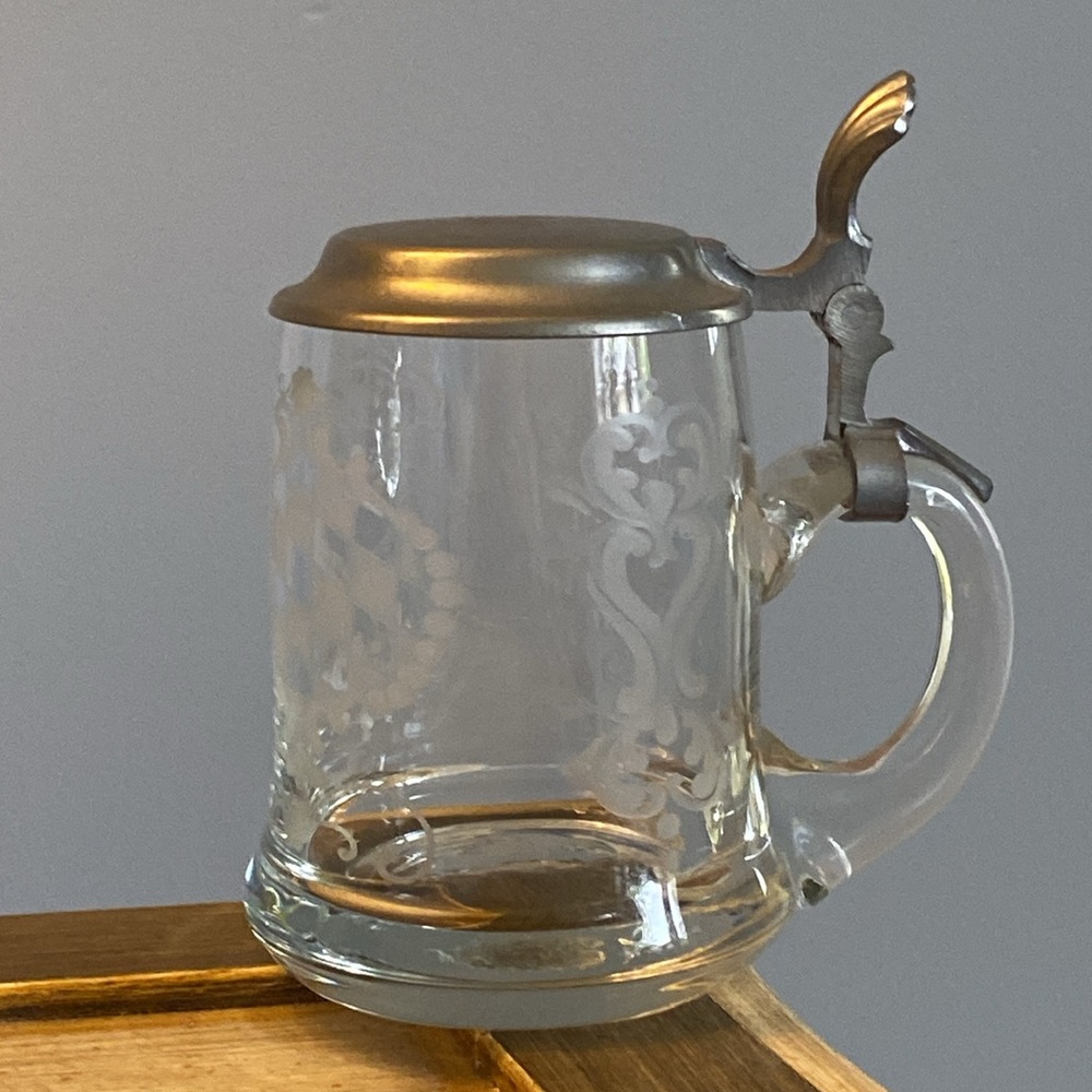 Etched Crystal Beer Stein with Pewter Lid